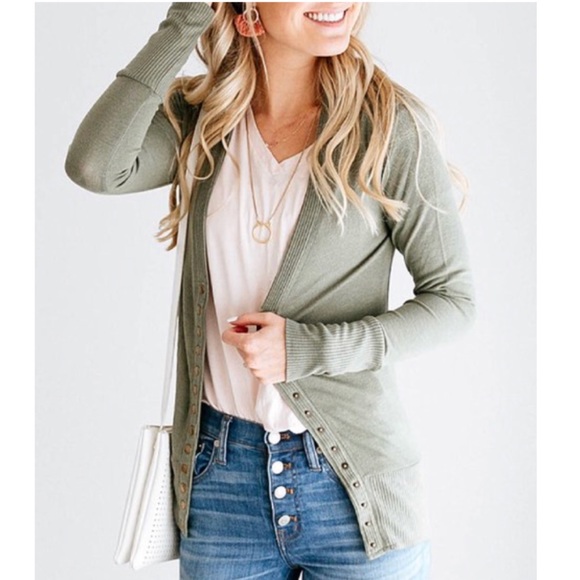 Sweaters - Light Olive Snap Button Cardigan Ribbed Sweater